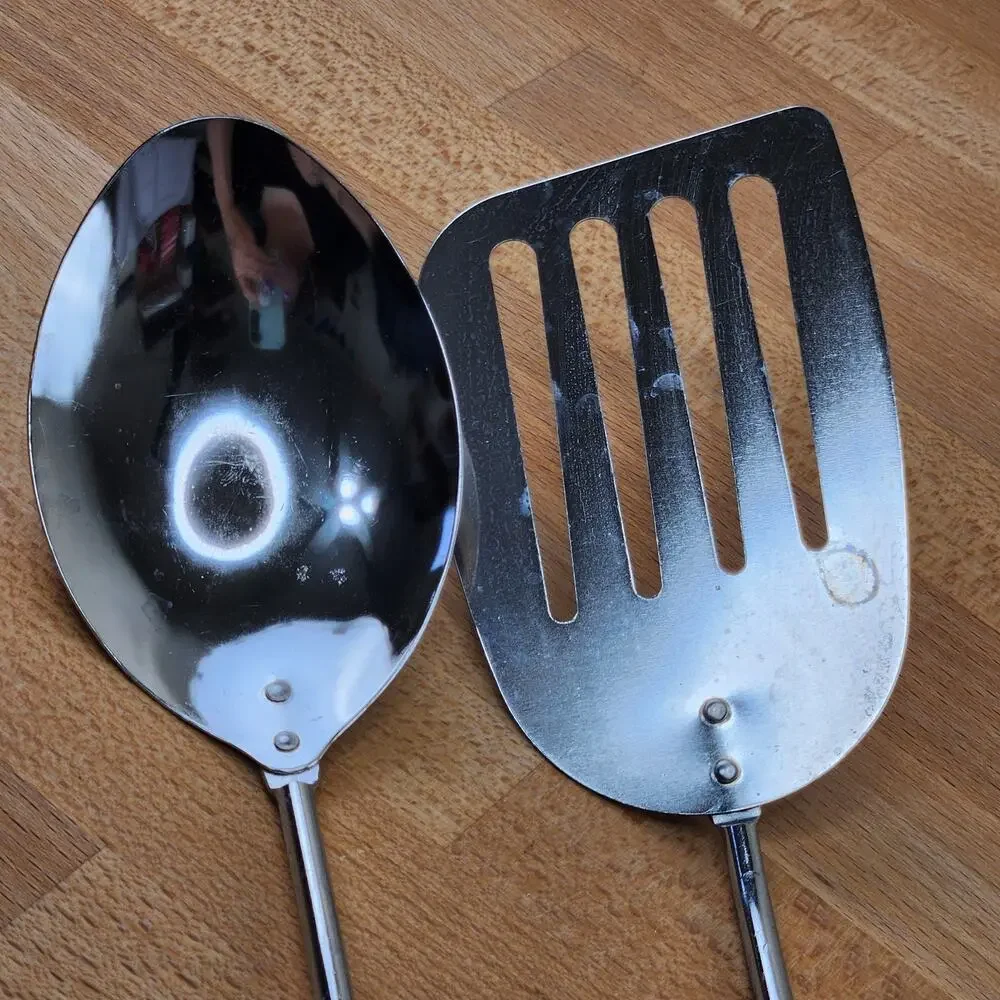 Vintage Kitchen Utensil Serving Spoon & Spatula Turner Black Plastic Handle